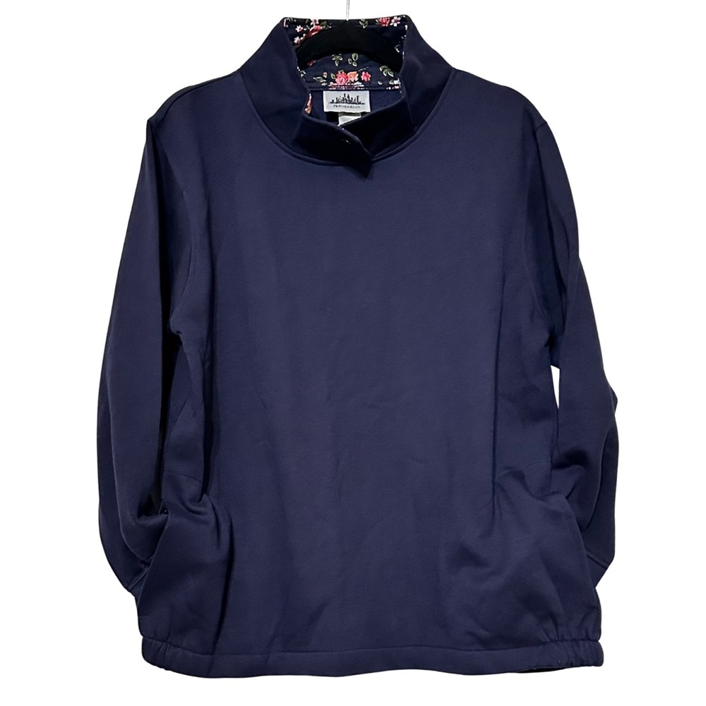 Metropolitan Navy Floral Trim Pullover Mock Neck Cotton Blend Sweatshirt Sz M - Picture 3 of 8